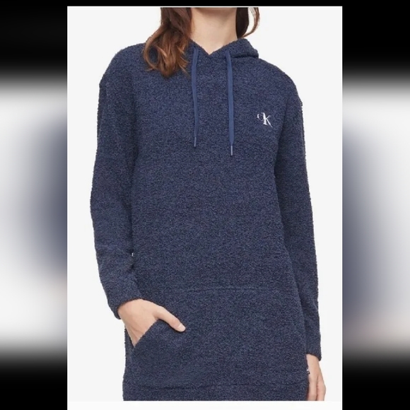 Calvin Klein Plush Lounge Longsleeve Hoodie Blue Shadow - Picture 1 of 4